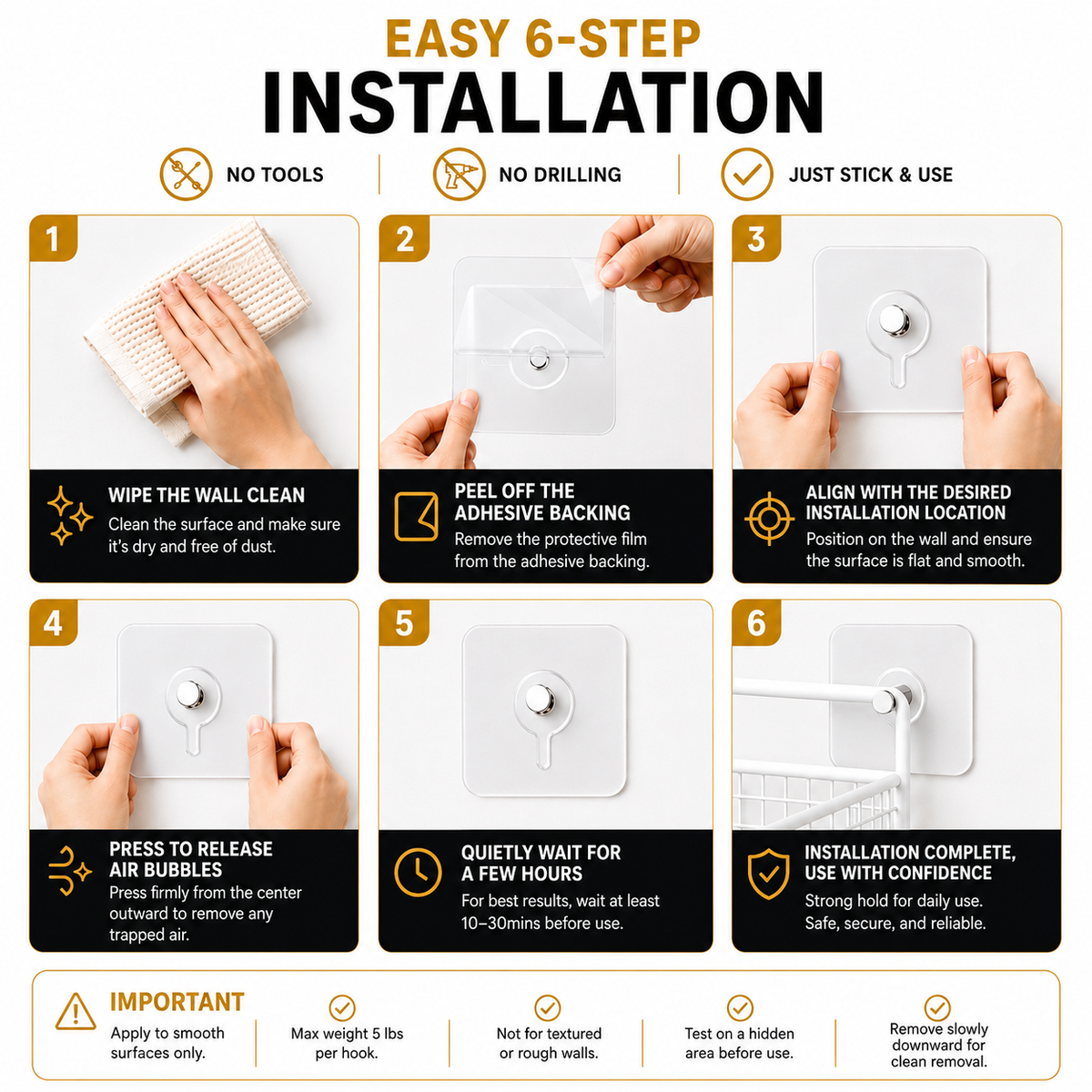 HangEasy No Drill Adhesive Wall Hooks — Damage Free Removal