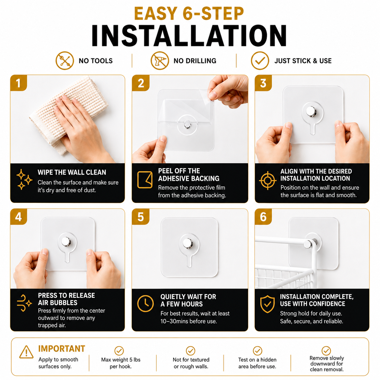 HangEasy No Drill Adhesive Wall Hooks — Damage Free Removal