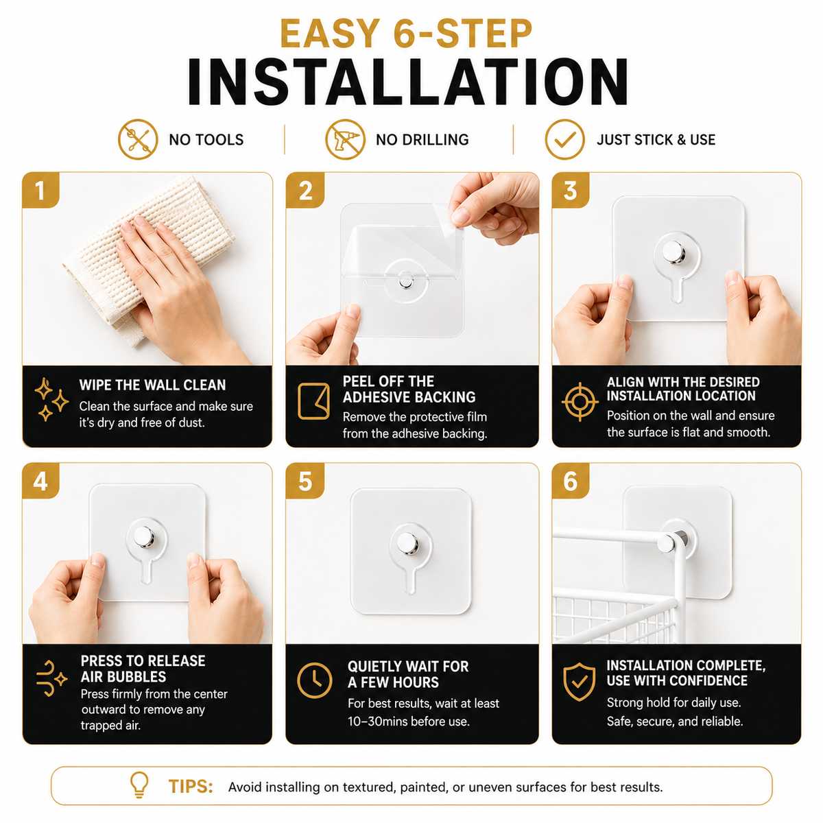 HangEasy No Drill Adhesive Wall Hooks — Damage Free Removal